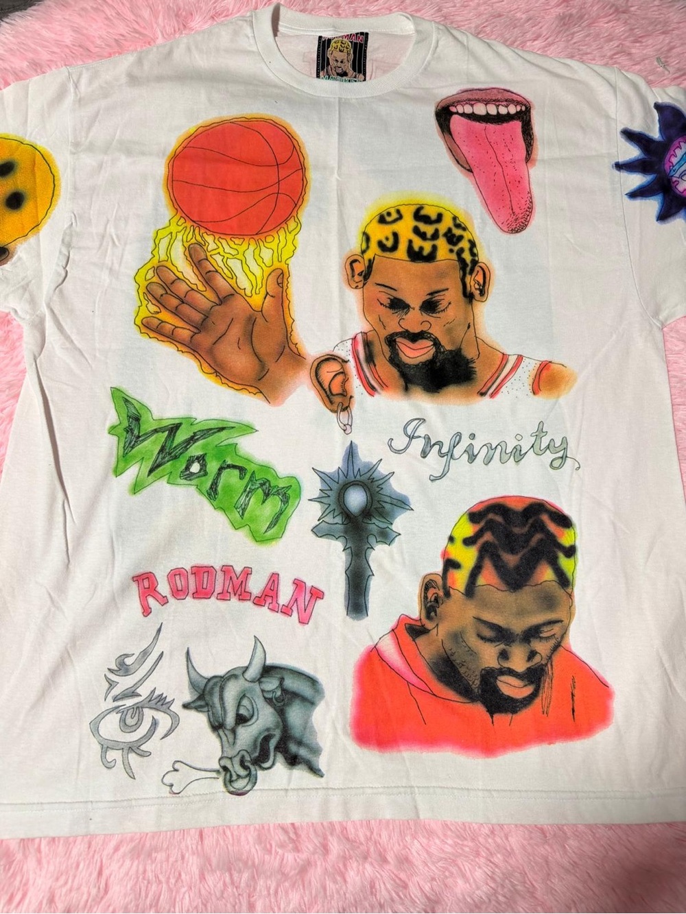 White Short-Sleeve Graphic Tee with Multicolor Airbrush Artwork